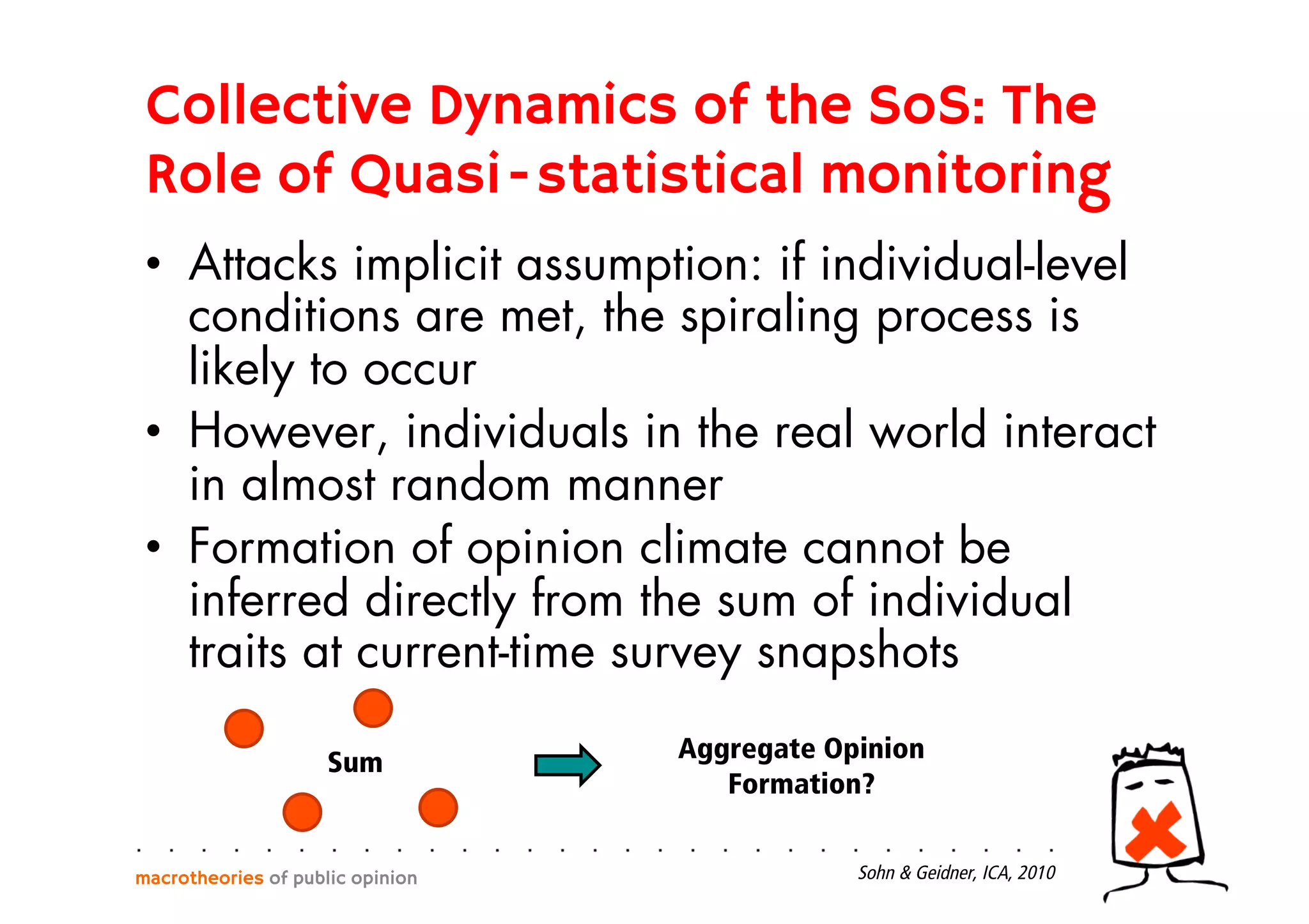 •  Attacks implicit assumption: if individual-level
conditions are met, the spiraling process is
likely to occur
•  However, individuals in the real world interact
in almost random manner
•  Formation of opinion climate cannot be
inferred directly from the sum of individual
traits at current-time survey snapshots
macrotheories of public opinion
Aggregate Opinion
Formation?
Sum
Sohn & Geidner, ICA, 2010
Collective Dynamics of the SoS: The
Role of Quasi-statistical monitoring
 
