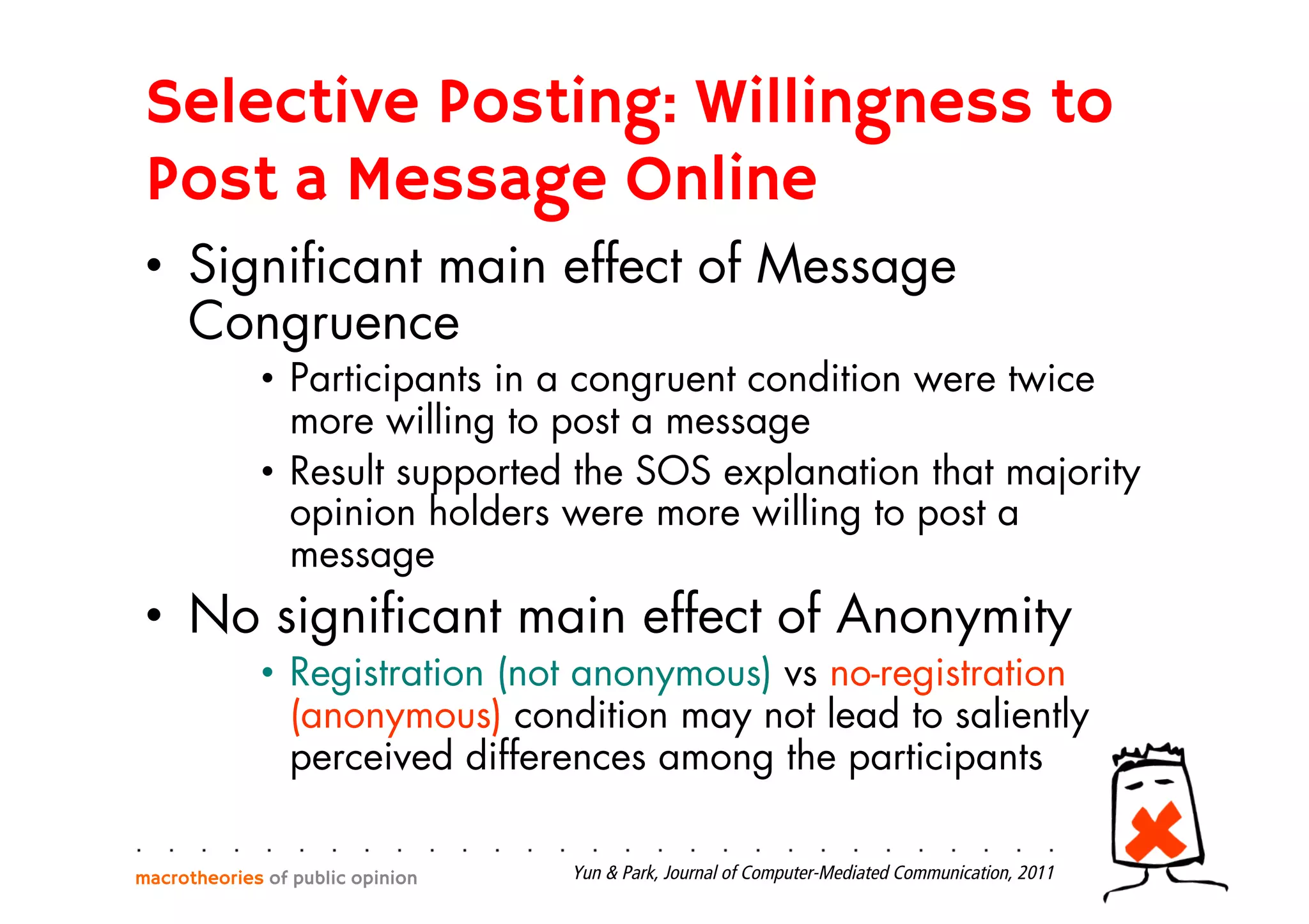 Selective Posting: Willingness to
Post a Message Online
•  Signiﬁcant main effect of Message
Congruence
•  Participants in a congruent condition were twice
more willing to post a message
•  Result supported the SOS explanation that majority
opinion holders were more willing to post a
message
•  No signiﬁcant main effect of Anonymity
•  Registration (not anonymous) vs no-registration
(anonymous) condition may not lead to saliently
perceived differences among the participants
macrotheories of public opinion Yun & Park, Journal of Computer-Mediated Communication, 2011
 