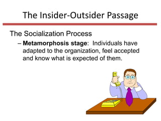 The Insider-Outsider Passage
The Socialization Process
– Metamorphosis stage: Individuals have
adapted to the organization, feel accepted
and know what is expected of them.
 