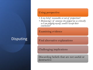 Disputing
Using perspective
• Is my belief reasonable, or out of proportion?
• Distancing—if someone else judged me as critically
as I am judging myself, would I accept their
conclusion?
Examining evidence
Find alternative explanations
Challenging implications
Discarding beliefs that are not useful or
destructive
 