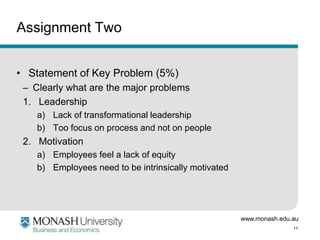 www.monash.edu.au
11
Assignment Two
• Statement of Key Problem (5%)
– Clearly what are the major problems
1. Leadership
a) Lack of transformational leadership
b) Too focus on process and not on people
2. Motivation
a) Employees feel a lack of equity
b) Employees need to be intrinsically motivated
 