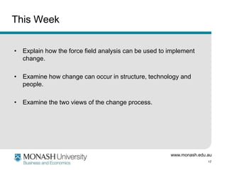 www.monash.edu.au
17
This Week
• Explain how the force field analysis can be used to implement
change.
• Examine how change can occur in structure, technology and
people.
• Examine the two views of the change process.
 