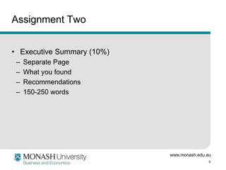 www.monash.edu.au
9
Assignment Two
• Executive Summary (10%)
– Separate Page
– What you found
– Recommendations
– 150-250 words
 