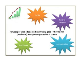 clunkyhard to navigateNewspaper Web sites aren't really very good—they're still (mediocre) newspapers pasted on a screenunimaginativetext-heavy
