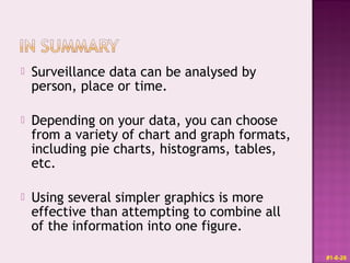  Surveillance data can be analysed by
person, place or time.
 Depending on your data, you can choose
from a variety of chart and graph formats,
including pie charts, histograms, tables,
etc.
 Using several simpler graphics is more
effective than attempting to combine all
of the information into one figure.
#1-8-26
 