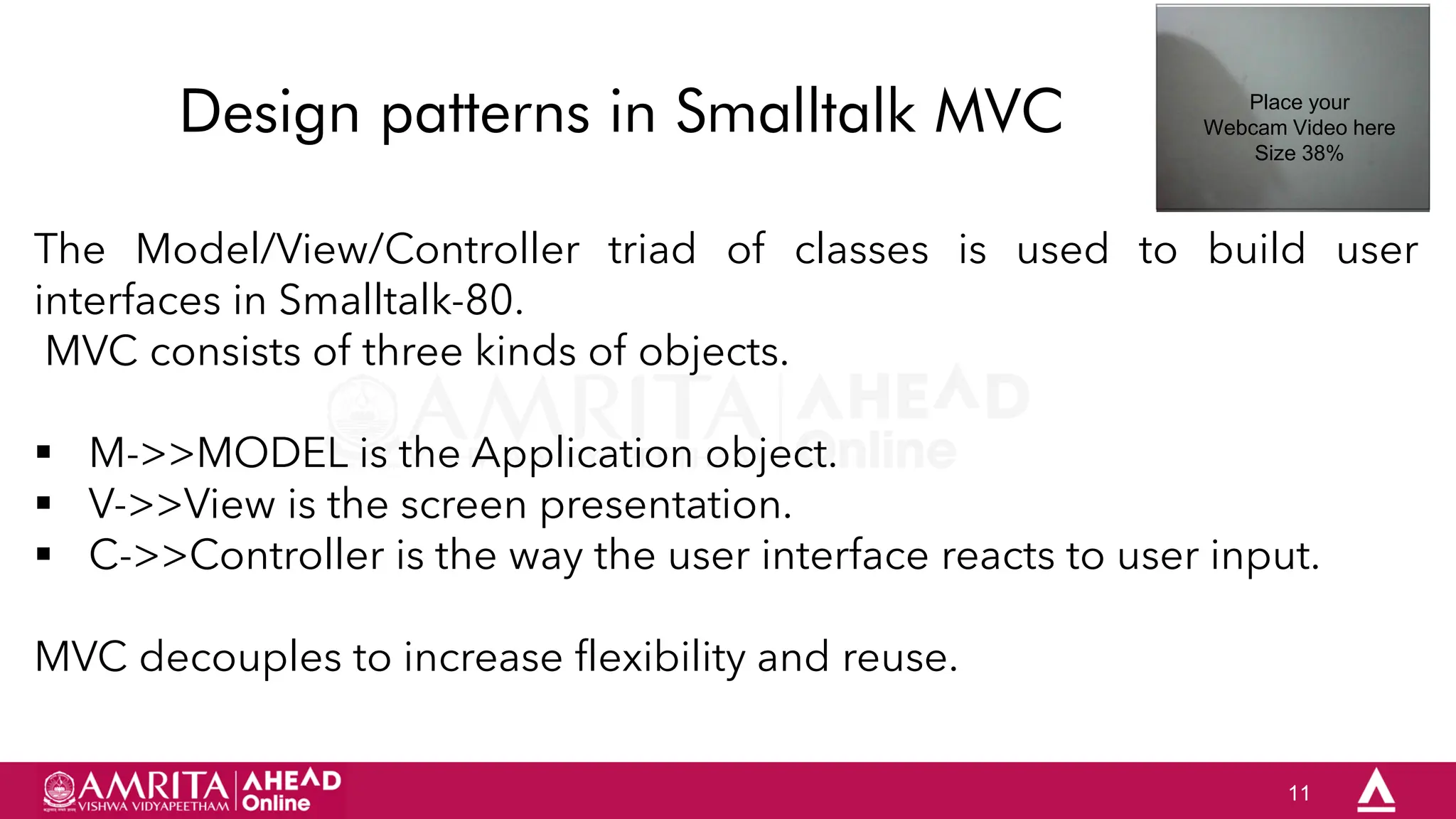 11
Design patterns in Smalltalk MVC
The Model/View/Controller triad of classes is used to build user
interfaces in Smalltalk-80.
MVC consists of three kinds of objects.
 M->>MODEL is the Application object.
 V->>View is the screen presentation.
 C->>Controller is the way the user interface reacts to user input.
MVC decouples to increase flexibility and reuse.
Place your
Webcam Video here
Size 38%
 