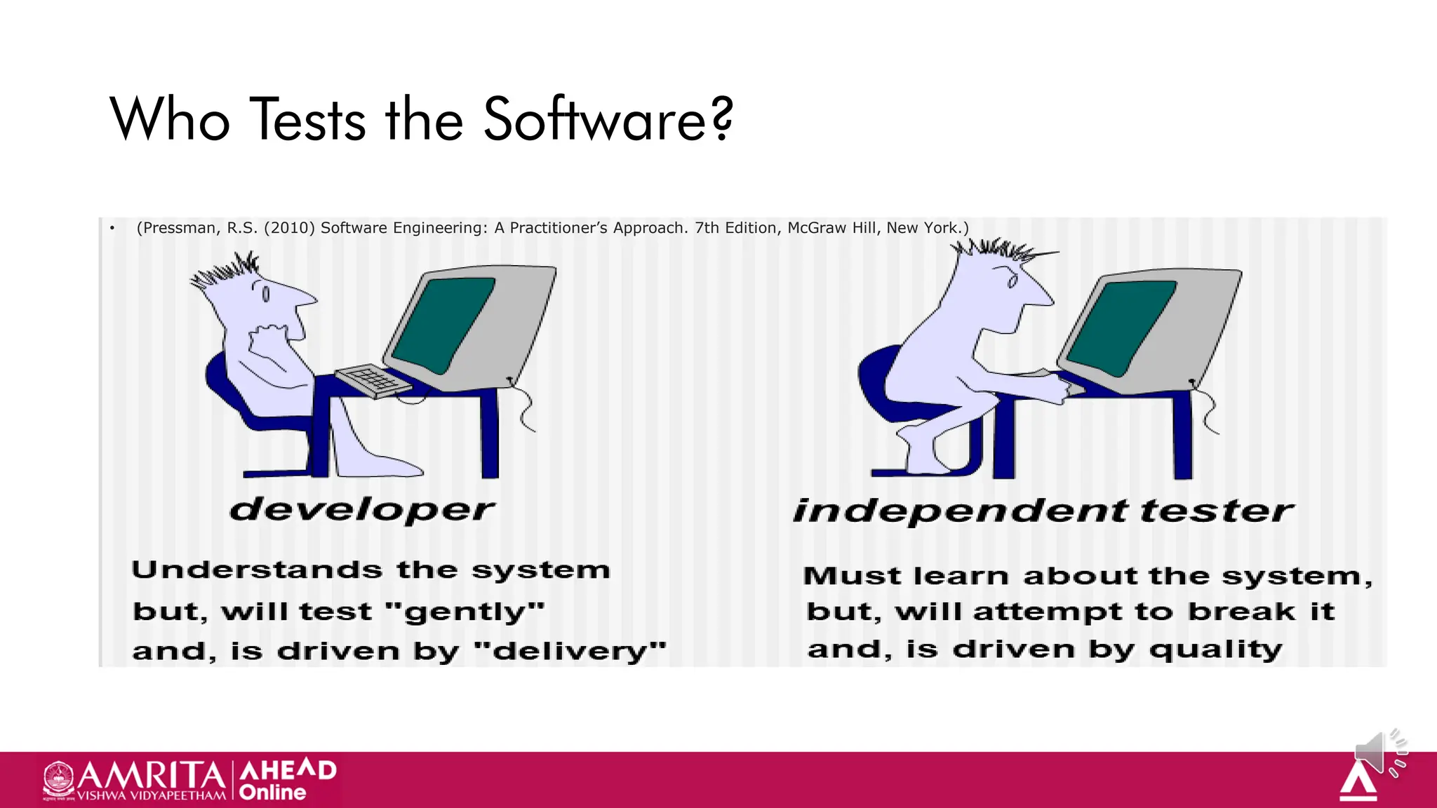 59
Who Tests the Software?
• (Pressman, R.S. (2010) Software Engineering: A Practitioner’s Approach. 7th Edition, McGraw Hill, New York.)
 