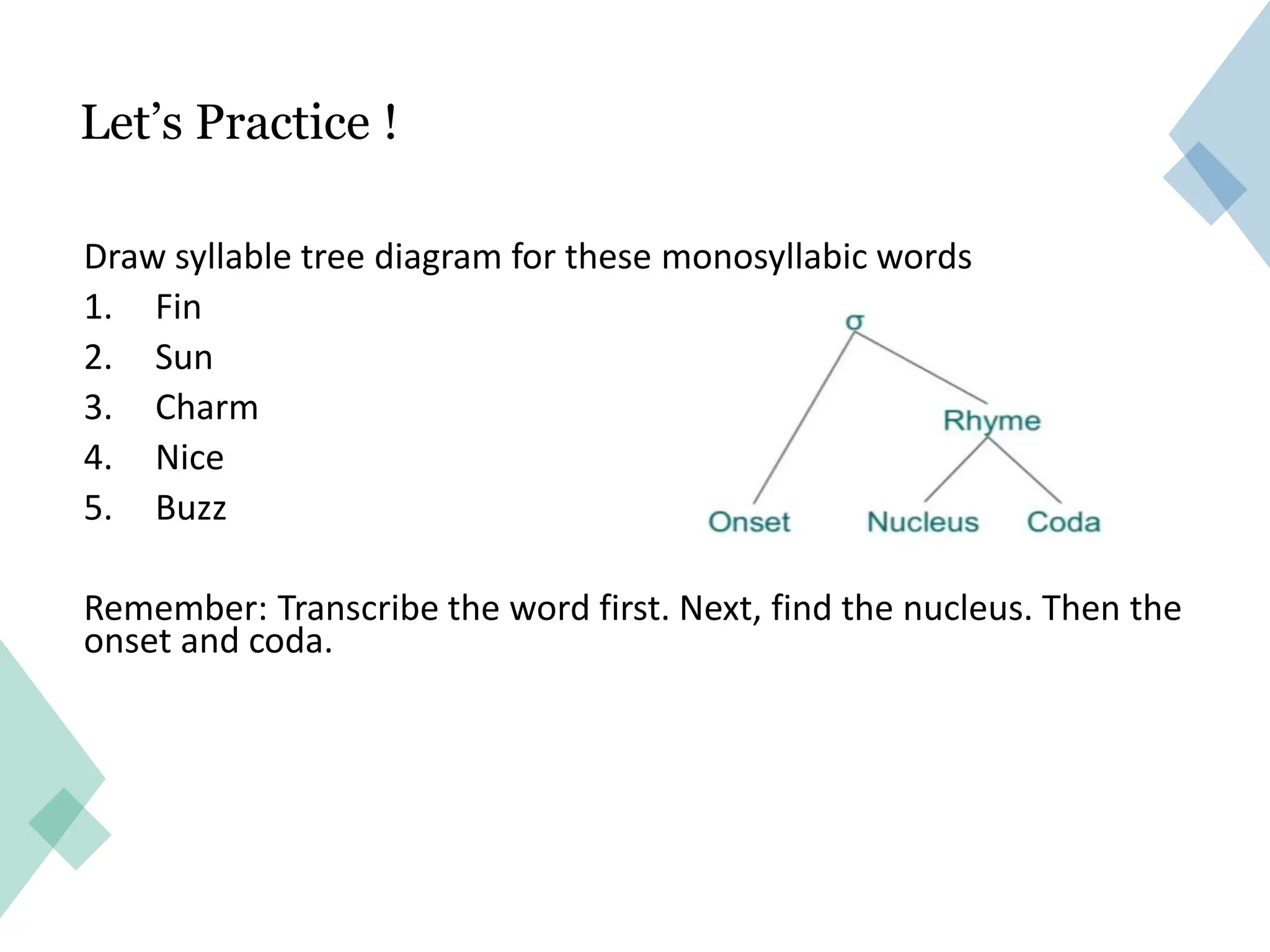 Let’s Practice !
Draw syllable tree diagram for these monosyllabic words
1. Fin
2. Sun
3. Charm
4. Nice
5. Buzz
Remember: Transcribe the word first. Next, find the nucleus. Then the
onset and coda.
 