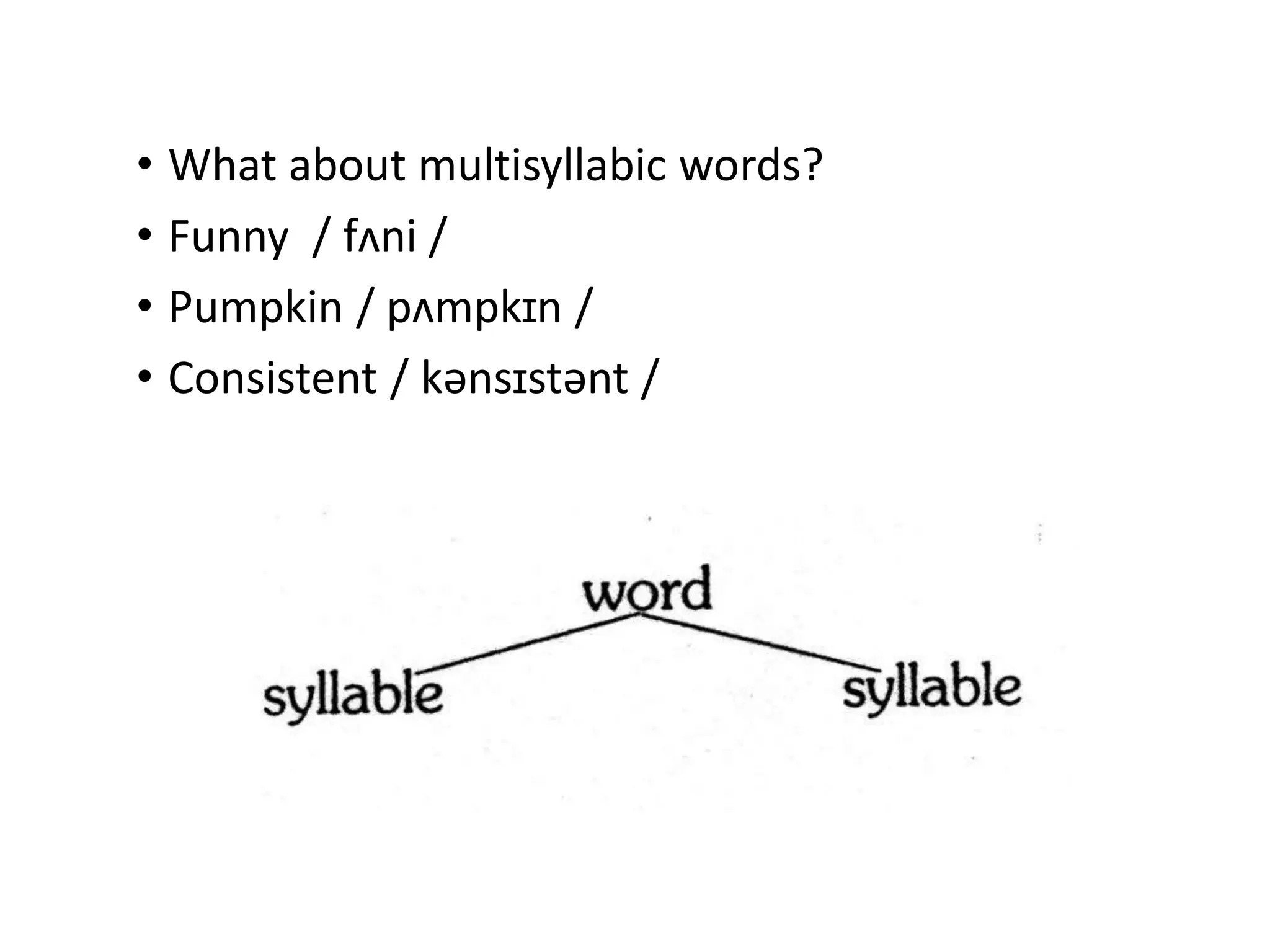• What about multisyllabic words?
• Funny / fʌni /
• Pumpkin / pʌmpkɪn /
• Consistent / kənsɪstənt /
 