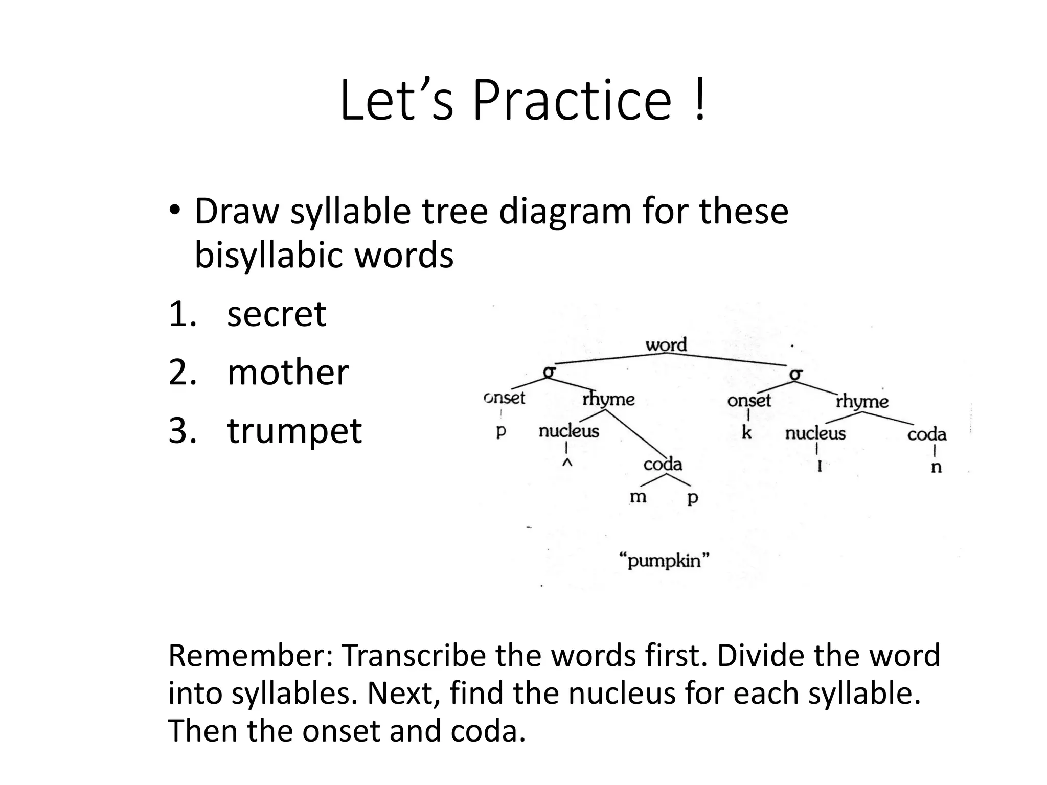 Let’s Practice !
• Draw syllable tree diagram for these
bisyllabic words
1. secret
2. mother
3. trumpet
Remember: Transcribe the words first. Divide the word
into syllables. Next, find the nucleus for each syllable.
Then the onset and coda.
 
