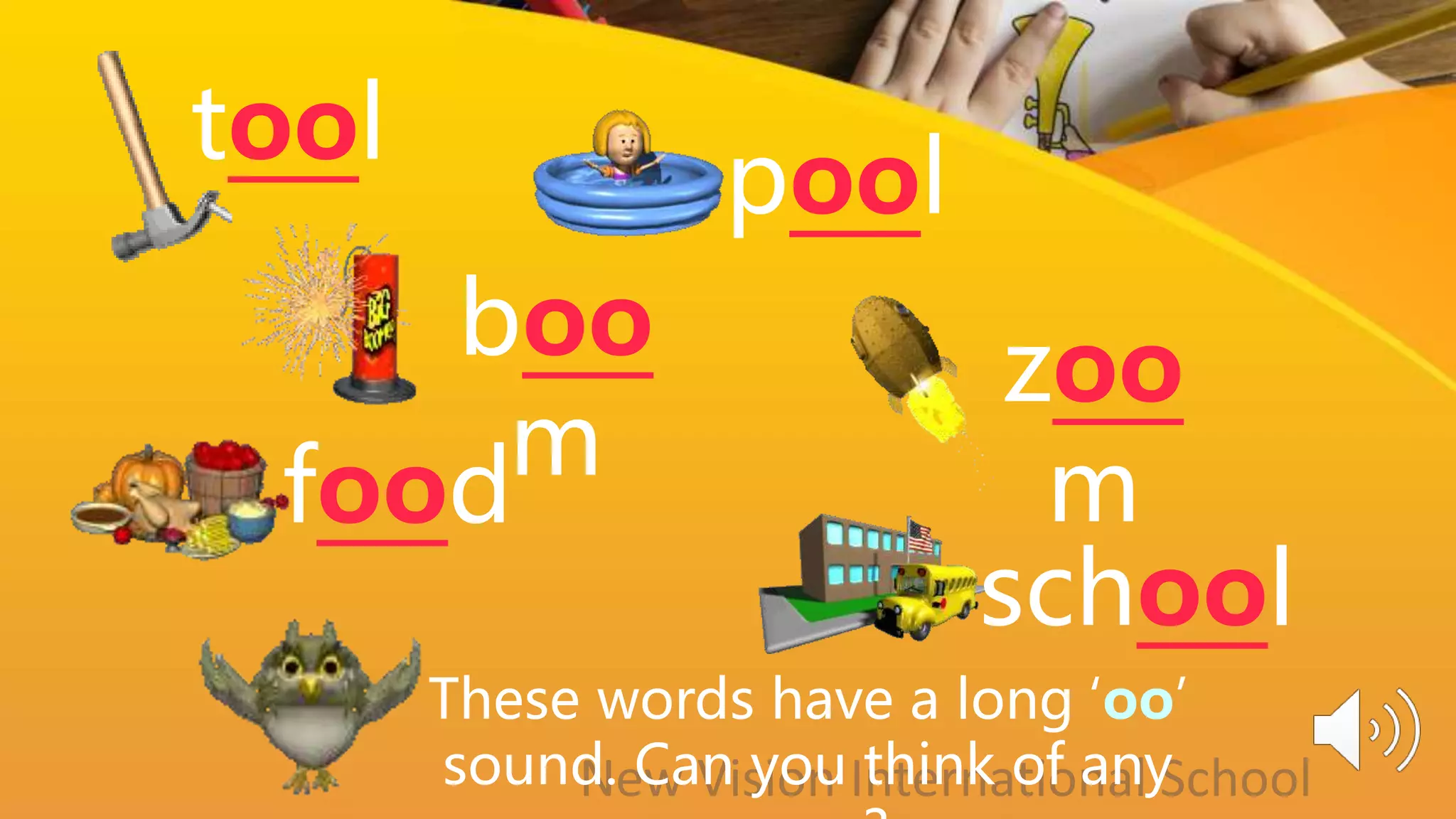These words have a long ‘oo’
sound. Can you think of any
tool
boo
m
pool
food
zoo
m
school