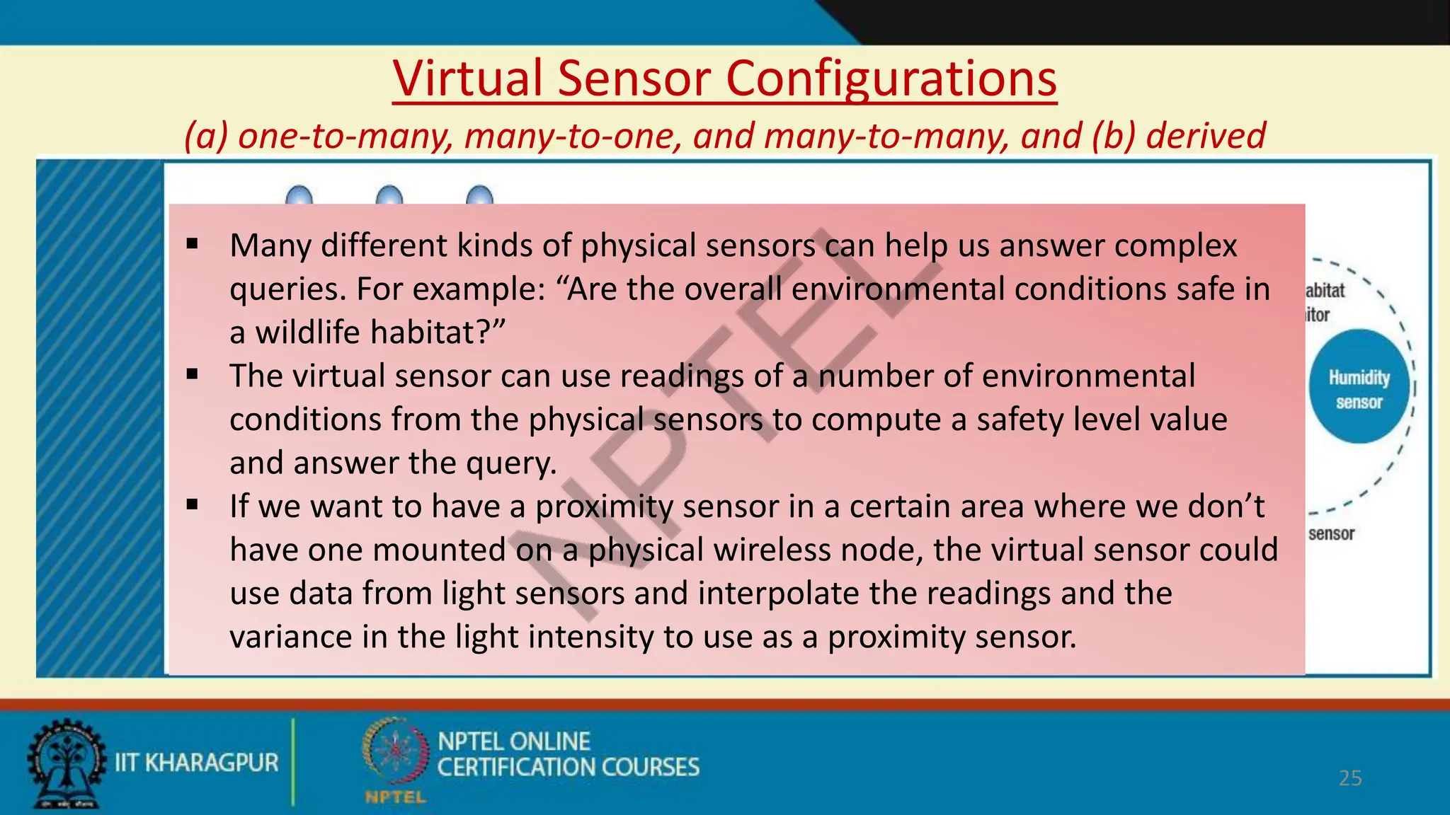 Virtual Sensor Configurations
(a) one-to-many, many-to-one, and many-to-many, and (b) derived
25
 Many different kinds of physical sensors can help us answer complex
queries. For example: “Are the overall environmental conditions safe in
a wildlife habitat?”
 The virtual sensor can use readings of a number of environmental
conditions from the physical sensors to compute a safety level value
and answer the query.
 If we want to have a proximity sensor in a certain area where we don’t
have one mounted on a physical wireless node, the virtual sensor could
use data from light sensors and interpolate the readings and the
variance in the light intensity to use as a proximity sensor.
 