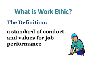 What is Work Ethic?
The Definition:
a standard of conduct
and values for job
performance
 