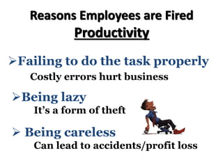 Reasons Employees are Fired
Productivity
ØFailing to do the task properly
Costly errors hurt business
Ø Being careless
Can lead to accidents/profit loss
ØBeing lazy
It’s a form of theft
 