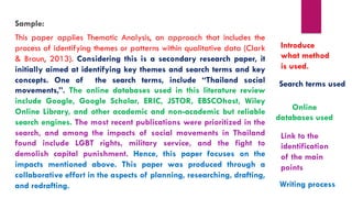 Sample:
This paper applies Thematic Analysis, an approach that includes the
process of identifying themes or patterns within qualitative data (Clark
& Braun, 2013). Considering this is a secondary research paper, it
initially aimed at identifying key themes and search terms and key
concepts. One of the search terms, include “Thailand social
movements,”. The online databases used in this literature review
include Google, Google Scholar, ERIC, JSTOR, EBSCOhost, Wiley
Online Library, and other academic and non-academic but reliable
search engines. The most recent publications were prioritized in the
search, and among the impacts of social movements in Thailand
found include LGBT rights, military service, and the fight to
demolish capital punishment. Hence, this paper focuses on the
impacts mentioned above. This paper was produced through a
collaborative effort in the aspects of planning, researching, drafting,
and redrafting.
Introduce
what method
is used.
Search terms used
Online
databases used
Link to the
identification
of the main
points
Writing process
 
