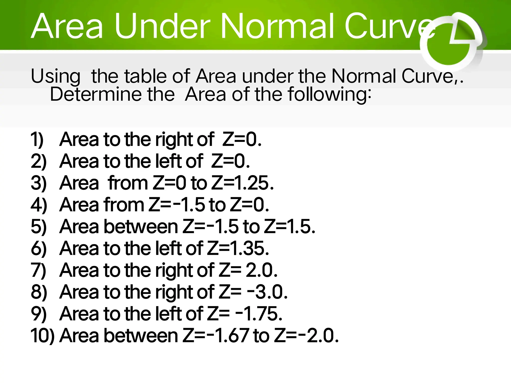 Area Under Normal Curve
Using the table of Area under the Normal Curve,.
Determine the Area of the following:
1) Area to the right of Z=0.
2) Area to the left of Z=0.
3) Area from Z=0 to Z=1.25.
4) Area from Z=-1.5 to Z=0.
5) Area between Z=-1.5 to Z=1.5.
6) Area to the left of Z=1.35.
7) Area to the right of Z= 2.0.
8) Area to the right of Z= -3.0.
9) Area to the left of Z= -1.75.
10) Area between Z=-1.67 to Z=-2.0.
 