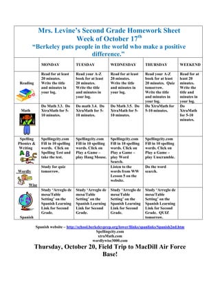 Mrs. Levine’s Second Grade Homework Sheet
                         Week of October 17th
         “Berkeley puts people in the world who make a positive
                              difference.”
               MONDAY                TUESDAY               WEDNESDAY             THURSDAY              WEEKEND

               Read for at least     Read your A-Z         Read for at least     Read your A-Z         Read for at
               20 minutes.           book for at least     20 minutes.           book for at least     least 20
Reading        Write the title       20 minutes.           Write the title       20 minutes. Quiz      minutes.
               and minutes in        Write the title       and minutes in        tomorrow.             Write the
               your log.             and minutes in        your log.             Write the title       title and
                                     your log.                                   and minutes in        minutes in
                                                                                 your log.             your log.
               Do Math 3.3. Do       Do math 3.4. Do       Do Math 3.5. Do       Do XtraMath for       Do
 Math          XtraMath for 5-       XtraMath for 5-       XtraMath for 5-       5-10 minutes.         XtraMath
               10 minutes.           10 minutes.           10 minutes.                                 for 5-10
                                                                                                       minutes.



 Spelling      Spellingcity.com      Spellingcity.com      Spellingcity.com      Spellingcity.com
Phonics &      Fill in 10 spelling   Fill in 10 spelling   Fill in 10 spelling   Fill in 10 spelling
Writing        words. Click on       words. Click on       words. Click on       words. Click on
               Spelling Test and     Play a Game –         Play a Game –         Play a Game –
               take the test.        play Hang Mouse.      play Word             play Unscramble.
                                                           Search.
               Study for quiz                              Listen to the         Do the word
Wordly         tomorrow.                                   words from WW         search.
                                                           Lesson 5 on the
                                                           website.
     Wise
               Study ‘Arreglo de     Study ‘Arreglo de     Study ‘Arreglo de     Study ‘Arreglo de
               mesa/Table            mesa/Table            mesa/Table            mesa/Table
               Setting’ on the       Setting’ on the       Setting’ on the       Setting’ on the
               Spanish Learning      Spanish Learning      Spanish Learning      Spanish Learning
               Link for Second       Link for Second       Link for Second       Link for Second
               Grade.                Grade.                Grade.                Grade. QUIZ
 Spanish                                                                         tomorrow.

            Spanish website – http://school.berkeleyprep.org/lower/llinks/spanlinks/Spanish2nd.htm
                                                Spellingcity.com
                                                 xtraMath.com
                                              wordlywise3000.com
           Thursday, October 20, Field Trip to MacDill Air Force
                                  Base!
 