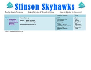 Stinson Skyhawks
Teacher: Cassie Fernandez

Subject/Period(s): 8th Grade U.S. History

Week of: October 28- November 1
Interactive Notebook

FRIDAY
• Students will
learn the about
the events of the
American
Revolution

Focus: Warm-up
Agenda: 1. Battle of Trenton
2. Battle of Saratoga
Homework: No Homework! 

* Lesson Plans are subject to change.

Other

WICR
COLLABORATION
PAIR SHARE
Technology
SLANT
CORNELL NOTES
COSTA’S Level Questioning
Learning Logs
Interactive Notebook
Other

Quiz
Test
Project
Daily Grade
Lab
HW Grade
Observation
Benchmark
Other

 