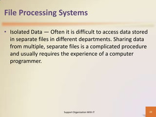 File Processing Systems
• Isolated Data — Often it is difficult to access data stored
in separate files in different departments. Sharing data
from multiple, separate files is a complicated procedure
and usually requires the experience of a computer
programmer.

Support Organization With IT

22

 