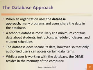 The Database Approach
• When an organization uses the database
approach, many programs and users share the data in
the database.
• A school’s database most likely at a minimum contains
data about students, instructors, schedule of classes, and
student schedules.
• The database does secure its data, however, so that only
authorized users can access certain data items.
• While a user is working with the database, the DBMS
resides in the memory of the computer.
Support Organization With IT

23

 