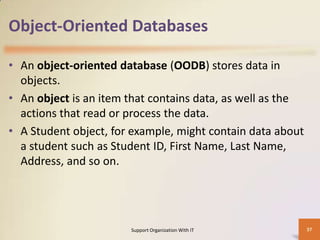 Object-Oriented Databases
• An object-oriented database (OODB) stores data in
objects.
• An object is an item that contains data, as well as the
actions that read or process the data.
• A Student object, for example, might contain data about
a student such as Student ID, First Name, Last Name,
Address, and so on.

Support Organization With IT

37

 