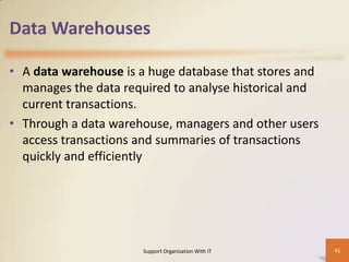 Data Warehouses
• A data warehouse is a huge database that stores and
manages the data required to analyse historical and
current transactions.
• Through a data warehouse, managers and other users
access transactions and summaries of transactions
quickly and efficiently

Support Organization With IT

41

 