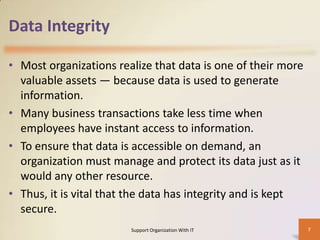 Data Integrity
• Most organizations realize that data is one of their more
valuable assets — because data is used to generate
information.
• Many business transactions take less time when
employees have instant access to information.
• To ensure that data is accessible on demand, an
organization must manage and protect its data just as it
would any other resource.
• Thus, it is vital that the data has integrity and is kept
secure.
Support Organization With IT

7

 