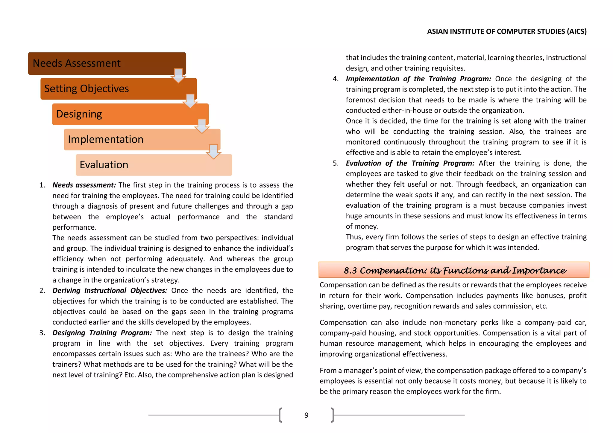 ASIAN INSTITUTE OF COMPUTER STUDIES (AICS)
9
1. Needs assessment: The first step in the training process is to assess the
need for training the employees. The need for training could be identified
through a diagnosis of present and future challenges and through a gap
between the employee’s actual performance and the standard
performance.
The needs assessment can be studied from two perspectives: individual
and group. The individual training is designed to enhance the individual’s
efficiency when not performing adequately. And whereas the group
training is intended to inculcate the new changes in the employees due to
a change in the organization’s strategy.
2. Deriving Instructional Objectives: Once the needs are identified, the
objectives for which the training is to be conducted are established. The
objectives could be based on the gaps seen in the training programs
conducted earlier and the skills developed by the employees.
3. Designing Training Program: The next step is to design the training
program in line with the set objectives. Every training program
encompasses certain issues such as: Who are the trainees? Who are the
trainers? What methods are to be used for the training? What will be the
next level of training? Etc. Also, the comprehensive action plan is designed
that includes the training content, material, learning theories, instructional
design, and other training requisites.
4. Implementation of the Training Program: Once the designing of the
training program is completed, the next step is to put it into the action. The
foremost decision that needs to be made is where the training will be
conducted either-in-house or outside the organization.
Once it is decided, the time for the training is set along with the trainer
who will be conducting the training session. Also, the trainees are
monitored continuously throughout the training program to see if it is
effective and is able to retain the employee’s interest.
5. Evaluation of the Training Program: After the training is done, the
employees are tasked to give their feedback on the training session and
whether they felt useful or not. Through feedback, an organization can
determine the weak spots if any, and can rectify in the next session. The
evaluation of the training program is a must because companies invest
huge amounts in these sessions and must know its effectiveness in terms
of money.
Thus, every firm follows the series of steps to design an effective training
program that serves the purpose for which it was intended.
Compensation can be defined as the results or rewards that the employees receive
in return for their work. Compensation includes payments like bonuses, profit
sharing, overtime pay, recognition rewards and sales commission, etc.
Compensation can also include non-monetary perks like a company-paid car,
company-paid housing, and stock opportunities. Compensation is a vital part of
human resource management, which helps in encouraging the employees and
improving organizational effectiveness.
From a manager’s point of view, the compensation package offered to a company’s
employees is essential not only because it costs money, but because it is likely to
be the primary reason the employees work for the firm.
Needs Assessment
Setting Objectives
Designing
Implementation
Evaluation
8.3 Compensation: its Functions and Importance
 