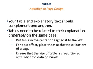 TABLES
•Your table and explanatory text should
complement one another.
•Tables need to be related to their explanation,
preferably on the same page.
• Put table in the center or aligned it to the left.
• For best effect, place them at the top or bottom
of a page.
• Ensure that the size of table is proportioned
with what the data demands
Attention to Page Design
 