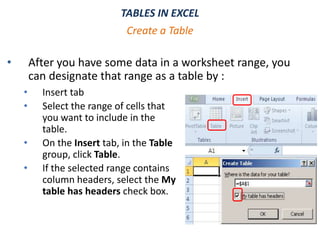 TABLES IN EXCEL
• After you have some data in a worksheet range, you
can designate that range as a table by :
Create a Table
• Insert tab
• Select the range of cells that
you want to include in the
table.
• On the Insert tab, in the Table
group, click Table.
• If the selected range contains
column headers, select the My
table has headers check box.
 