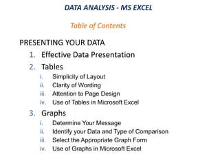 DATA ANALYSIS - MS EXCEL
Table of Contents
PRESENTING YOUR DATA
1. Effective Data Presentation
2. Tables
i. Simplicity of Layout
ii. Clarity of Wording
iii. Attention to Page Design
iv. Use of Tables in Microsoft Excel
3. Graphs
i. Determine Your Message
ii. Identify your Data and Type of Comparison
iii. Select the Appropriate Graph Form
iv. Use of Graphs in Microsoft Excel
 