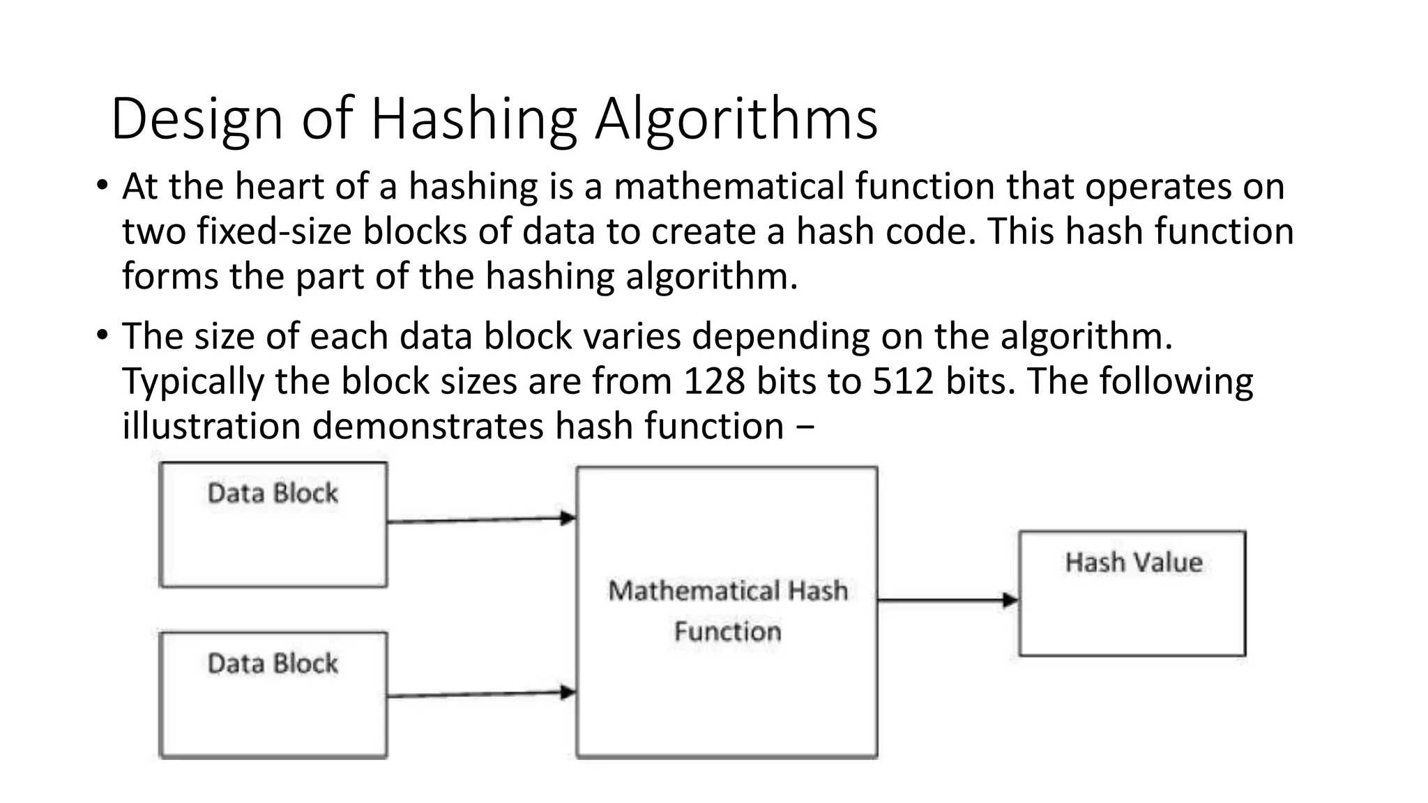 Design of Hashing Algorithms
• At the heart of a hashing is a mathematical function that operates on
two fixed-size blocks of data to create a hash code. This hash function
forms the part of the hashing algorithm.
• The size of each data block varies depending on the algorithm.
Typically the block sizes are from 128 bits to 512 bits. The following
illustration demonstrates hash function −
 