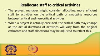 Reallocate staff to critical activities
• The project manager might consider allocating more efficient
staff to activities on the critical path or swapping resources
between critical and non-critical activities.
• When a project is actually executed, the critical path may change
as the actual durations of activities will vary from the original
estimates and staff allocations may be adjusted to reflect this.
 