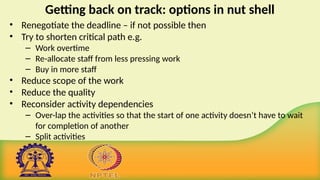 Getting back on track: options in nut shell
• Renegotiate the deadline – if not possible then
• Try to shorten critical path e.g.
– Work overtime
– Re-allocate staff from less pressing work
– Buy in more staff
• Reduce scope of the work
• Reduce the quality
• Reconsider activity dependencies
– Over-lap the activities so that the start of one activity doesn’t have to wait
for completion of another
– Split activities
 