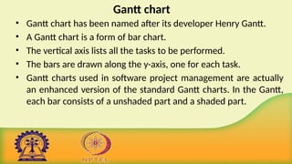 Gantt chart
• Gantt chart has been named after its developer Henry Gantt.
• A Gantt chart is a form of bar chart.
• The vertical axis lists all the tasks to be performed.
• The bars are drawn along the y-axis, one for each task.
• Gantt charts used in software project management are actually
an enhanced version of the standard Gantt charts. In the Gantt,
each bar consists of a unshaded part and a shaded part.
 