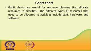 Gantt chart
• Gantt charts are useful for resource planning (i.e. allocate
resources to activities). The different types of resources that
need to be allocated to activities include staff, hardware, and
software.
 
