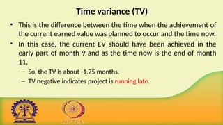 Time variance (TV)
• This is the difference between the time when the achievement of
the current earned value was planned to occur and the time now.
• In this case, the current EV should have been achieved in the
early part of month 9 and as the time now is the end of month
11,
– So, the TV is about -1.75 months.
– TV negative indicates project is running late.
 