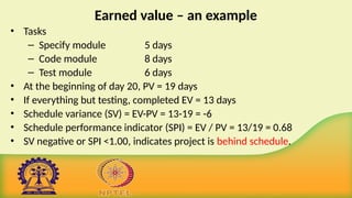 Earned value – an example
• Tasks
– Specify module 5 days
– Code module 8 days
– Test module 6 days
• At the beginning of day 20, PV = 19 days
• If everything but testing, completed EV = 13 days
• Schedule variance (SV) = EV-PV = 13-19 = -6
• Schedule performance indicator (SPI) = EV / PV = 13/19 = 0.68
• SV negative or SPI <1.00, indicates project is behind schedule.
 
