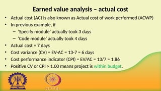 Earned value analysis – actual cost
• Actual cost (AC) is also known as Actual cost of work performed (ACWP)
• In previous example, if
– ‘Specify module’ actually took 3 days
– ‘Code module’ actually took 4 days
• Actual cost = 7 days
• Cost variance (CV) = EV-AC = 13-7 = 6 days
• Cost performance indicator (CPI) = EV/AC = 13/7 = 1.86
• Positive CV or CPI > 1.00 means project is within budget.
 
