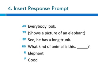 4. Insert Response Prompt

      AS   Everybody look.
      TS   (Shows a picture of an elephant)
      SP   See, he has a long trunk.
     RD    What kind of animal is this,       ?
      R    Elephant
       F
           Good
 