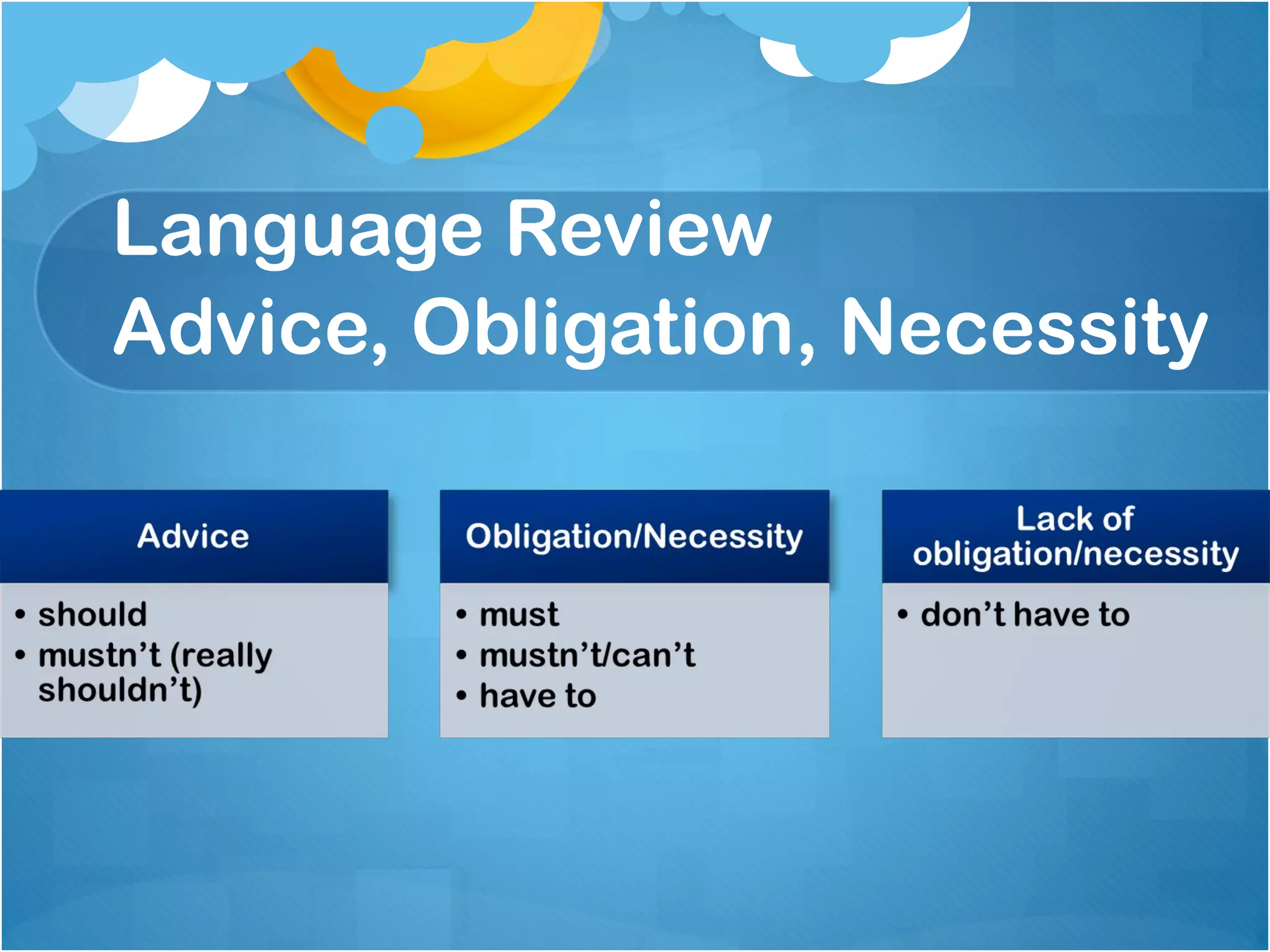 Language Review
Advice, Obligation, Necessity
 