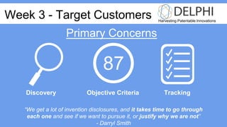 Harvesting Patentable Innovations
Week 3 - Target Customers
87
“We get a lot of invention disclosures, and it takes time to go through
each one and see if we want to pursue it, or justify why we are not”
- Darryl Smith
Primary Concerns
Discovery Objective Criteria Tracking
 