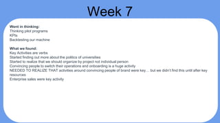 Week 7
Went in thinking:
Thinking pilot programs
KPIs
Backtesting our machine
What we found:
Key Activities are verbs
Started finding out more about the politics of universities
Started to realize that we should organize by project not individual person
Convincing people to switch their operations and onboarding is a huge activity
NEEDED TO REALIZE THAT activities around convincing people of brand were key… but we didn’t find this until after key
resources
Enterprise sales were key activity
 