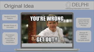 Iteration Control
Platform
Unprecedented
window into the
Development
Process
Downstream
Patent
Prosecution &
Innovation
Identification
Broader Scope of
Innovation
Stronger IP
Position and
ability to
monetize
intangible assets
Harvesting Patentable Innovations
Original Idea
 