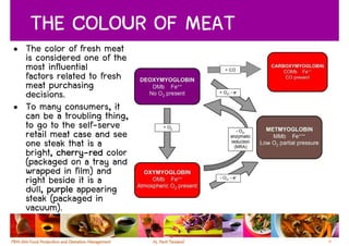 THE COLOUR OF MEAT
• The color of fresh meat
  is considered one of the
  most influential
  factors related to fresh
  meat purchasing
  decisions.
• To many consumers, it
  can be a troubling thing,
  to go to the self-serve
  retail meat case and see
  one steak that is a
  bright, cherry-red color
          cherry-
  (packaged on a tray and
  wrapped in film) and
  right beside it is a
  dull, purple appearing
  steak (packaged in
  vacuum).

                              16
 