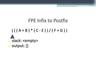 FPE Infix to Postfix
( ( ( A + B ) * ( C - E ) ) / ( F + G ) )
● stack: <empty>
● output: []
 