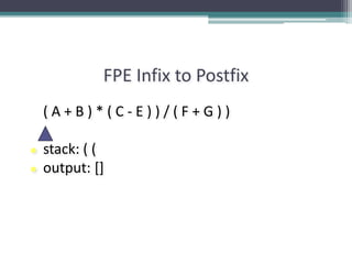 FPE Infix to Postfix
( A + B ) * ( C - E ) ) / ( F + G ) )
● stack: ( (
● output: []
 