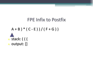 FPE Infix to Postfix
A + B ) * ( C - E ) ) / ( F + G ) )
● stack: ( ( (
● output: []
 