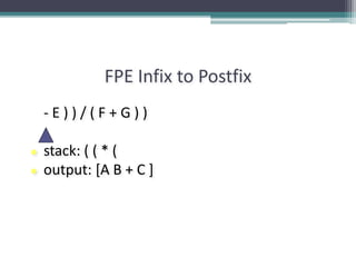 FPE Infix to Postfix
- E ) ) / ( F + G ) )
● stack: ( ( * (
● output: [A B + C ]
 