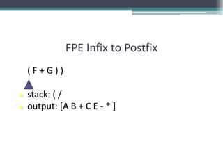FPE Infix to Postfix
( F + G ) )
● stack: ( /
● output: [A B + C E - * ]
 